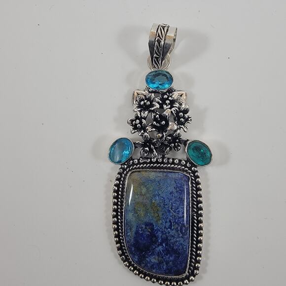 Blue Azurite Pendant with Sterling Silver Floral Design and Blue Topaz Accent - Picture 9 of 9